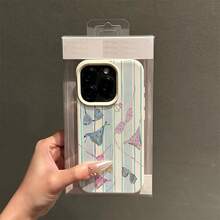 1pc TPU Material Summer Floral & Blue Striped Pattern Phone Case, Compatible With Iphone/ Phones - White - View 2