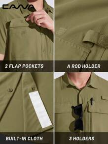 Cavva 男士户外 UPF50+ 钓鱼徒步衬衫 防水柔软轻便透气 3 个实用口袋 钓竿架 太阳镜环 笔槽 内置眼镜布 徒步露营 - 卡其色 - 查看 5