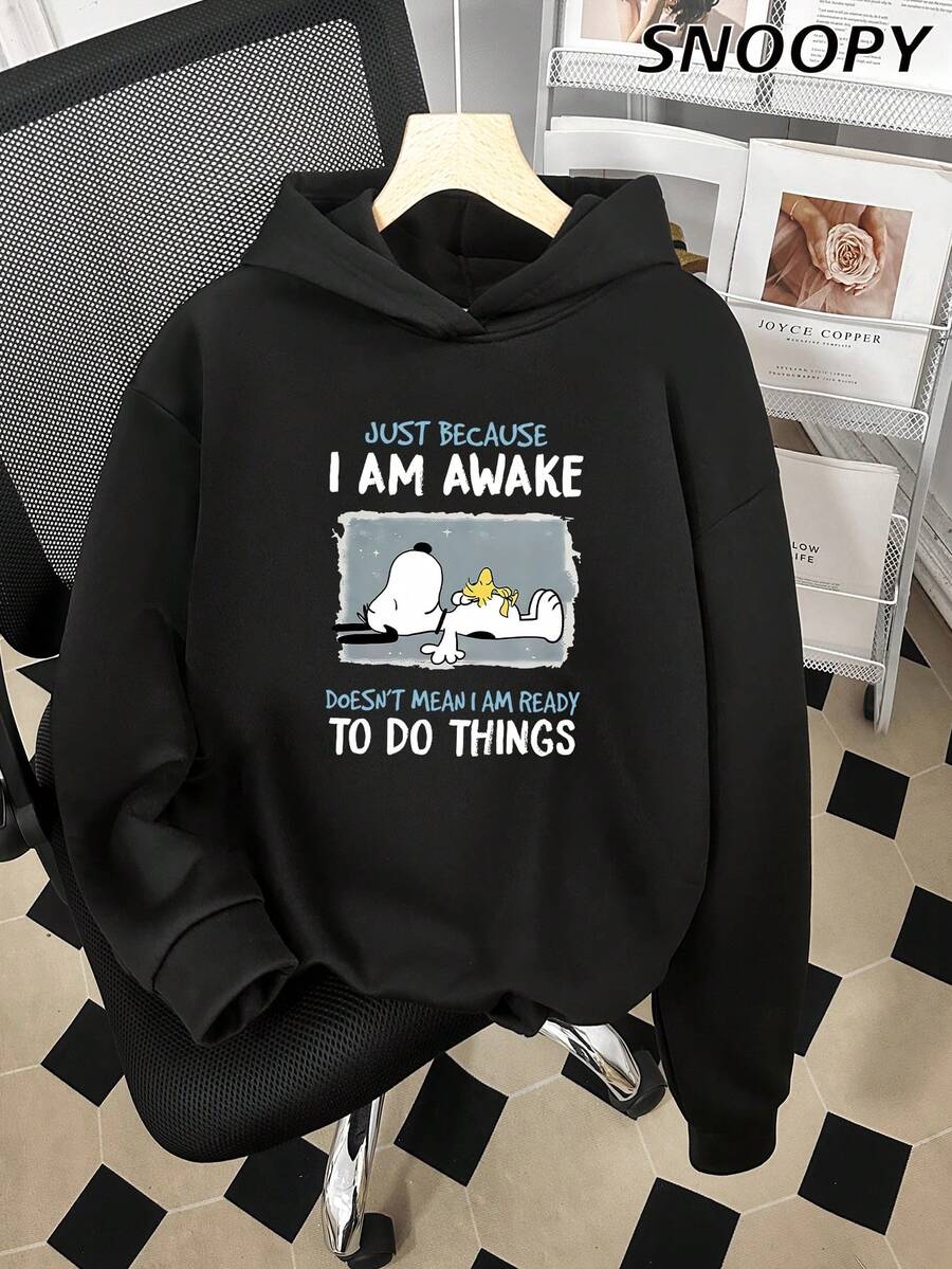 SNOOPY 只是因为我醒着并不意味着我已经准备好躺下印花宽松运动衫女士连帽抽绳可调节触感柔软糯软舒适亲肤日常穿着充满活力秋季舒适 - 黑色 - 查看 1