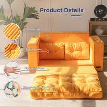MAXYOYO Convertible Sofa Bed,Pull-Out Double Sofa Bed,2-In-1 Folding Sofa Bed Filled With High-Density Sponge,Folding Floor Sofa With Pillows,Suitable For Living Room,Bedroom,Study - 橘色 - 查看 7
