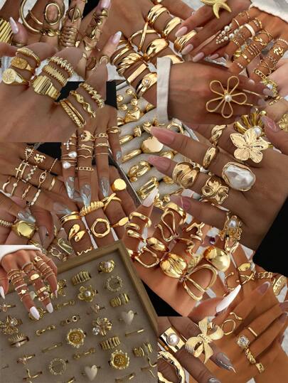 51/34/15/3pcs Vintage, Boho, Minimalist Elegant Retro Design Layered Rings Set, Flower, Bow, Pearl, Twisted, Heart, Rhinestone, Leaf, Moon, Star, Eye, Geometric, Cross, Chunky Rings, Suitable For Holiday, Party, Date, Gift, Daily Wear (Random Delivery)