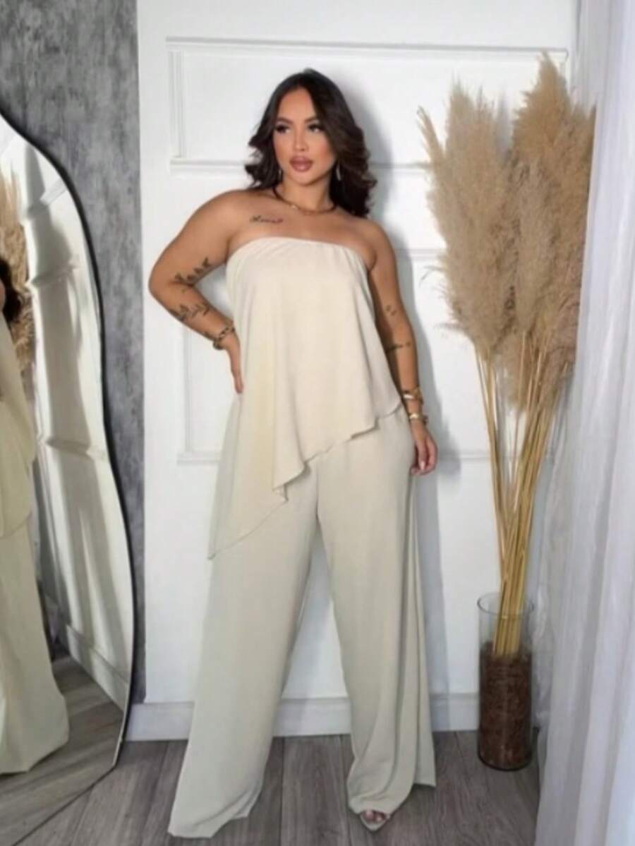 Long Asymmetrical Strapless Pantaloon Jumpsuit Spring Summer - Beige - View 1