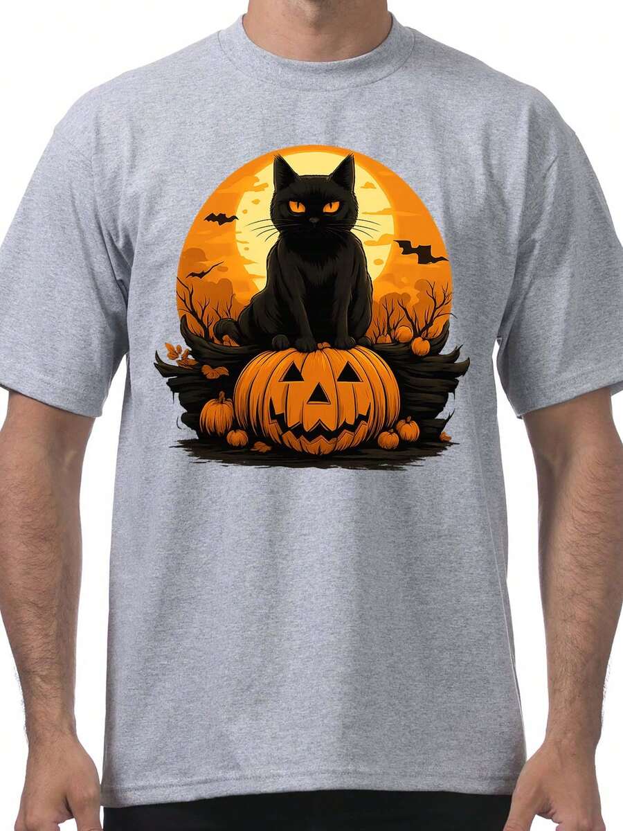 Black Cat And Jack-O'-Lantern In A Spooky Halloween Scene  Mens Short Sleeve T-Shirt Red Black Gray - 灰色 - 查看 1