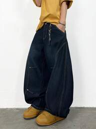 1pc Japanese Patchwork Men's Curved Blade Loose Fit Wide Leg Jeans, Comfortable Casual Baggy Long Pants (Belt And Accessories Not Included)