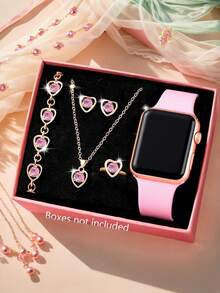Conjunto de 6 peças feminino, elegante e moderno, com relógio eletrônico quadrado com display LED digital. Acompanha pulseiras, colares, anéis e brincos. Ideal para o dia a dia feminino, como encontros e viagens. Perfeito para presentear amigas em aniversários, volta às aulas, formaturas e Natal. Um presente ideal para mulheres.