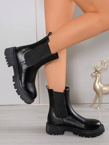 2025 Spring/Autumn New Women's Chelsea Boots, Black Mid-Calf Thick Sole European Style Short Tube Cigarette Tube Boots - Black - View 5