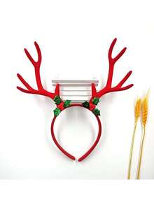 10-Zoll Weihnachts-Rentiergeweih-Haarband, Weihnachtsparty Foto-Requisite, braunes Hirschgeweih Deko mit grünen Blättern und roten Beeren, Weihnachtlicher Haarschmuck, Feier-Requisite, Partydekoration, geeignet für Weihnachten