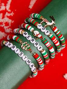 Set da 6 braccialetti con ciondoli in argilla polimerica a tema natalizio: renne, pupazzo di neve, albero di Natale, adatti per uomo e donna, regalo per feste