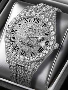 1Pc Luxury Diamond Roman Numeral Day-Date Display Stainless Steel Silver Men's Quartz Watch Sparkling Statement Accessory​ - Silver - View 2