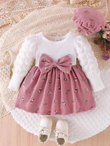 2pcs/Set Baby Girl Elegant Casual Layered Bow Patchwork Colorblock Mini Ditsy Floral Long Sleeve Dress With Matching Floral Hat
