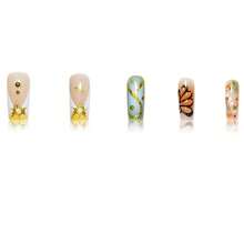Long Square Press On Nails French Tip Fake Nails Gold Glitter False Nails With 3D Butterfly Designs Long Glue On Nails Sparkly Artificial Nails Cute Stick On Nails For Women 24Pcs - 長款-C5C43 - 查看 2
