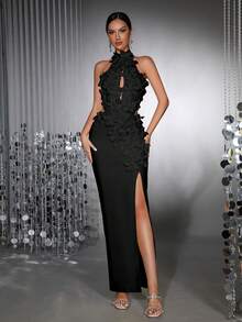 全新时尚白色碎花 3D 性感立领无袖镂空露背高开衩绷带连衣裙，优雅女士正式晚礼服，适合婚礼、派对、节日 - 黑色 - 查看 1