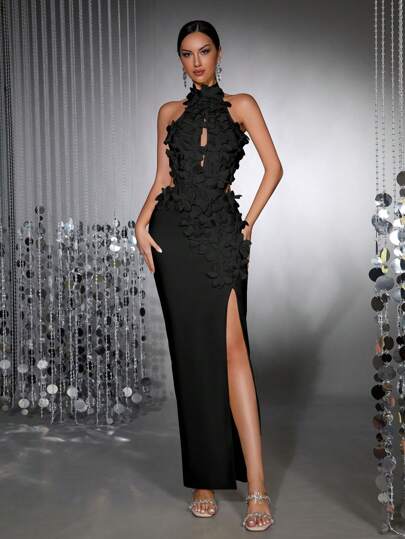 New Fashionable White Floral 3D Sexy Stand Collar Sleeveless Hollow-Out Backless High Slit Bandage Dress, Elegant Women's Formal Evening Gown For Wedding, Party, Holiday