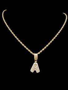 1 件立方氧化锆字母吊坠和 1 件不锈钢扭链，26 个英文字母男女通用流行时尚经典嘻哈复古吊坠项链，适合日常佩戴或派对，情人节礼物 - 金黃色 - 查看 26