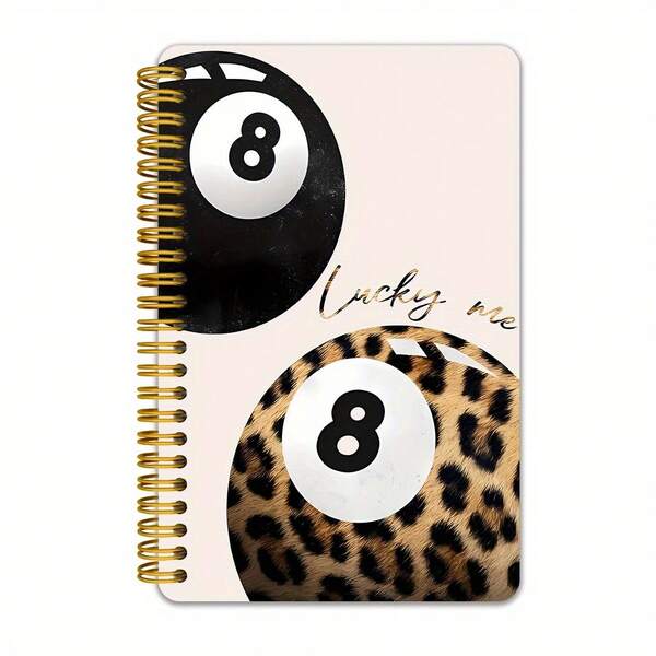 8-Ball Design Spiral Notebook - 50 Pages, 5.5"X8.3", Leopard Print & Soft Pink Cover With Gold Spiral Binding, For Daily Inspiration, Planning, Study Notes, Work Memos, Aesthetic Writing, Fun Font Style, Practical Stationery