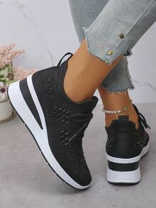 Fall/Winter Women's New Sports Style Lace-Up Rhinestone Outdoor Wedge Thick Bottom Casual Sneakers, Breathable Comfortable Running Shoes, Outdoor Travel Shoes, Suitable For All Seasons - Black - View 5