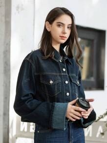 HH Dames Mode Effen Denim Revers Lange Mouwen Jas Top