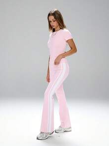 FWH Collegiate/Sporty Casual Style, Slim-Fit Flattering, Elastic & Comfortable, Suitable For Yoga/Fitness, Waist-Cinching Elongates Leg Lines, Free Movement, Enhances Figure, Shaping Compression Waistband, Flared Pant Legs, 4-Way Stretch Fabric, Allows Free Activity, Shine Bright! Relaxed Fit T-Shirt + Slim Flare Pants, 2 Pieces Campus Style Activewear Set - Pink - View 5