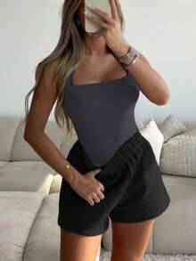 XLLAIS 性感露背吊带背心 时尚方领弹力休闲修身夏季女式吊带衫 - 深灰色 - 查看 5