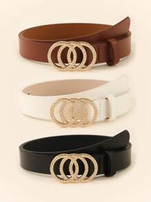 3pcs Gold Triple Ring Studded Buckle Ladies Belts, Fashionable & Elegant Versatile Waist Belt For T-Shirt/Dress, Suitable For Daily Wear - Multicolor - View 22