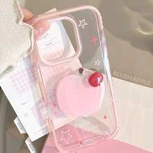 حافظة هاتف بشكل تفاحة ثلاثية الأبعاد دوارة باللون الوردي متوافقة مع هاتف آيفون 16 برو ماكس، حافظة سيليكون ناعمة وشفافة بتصميم بسيط وجميل متوافقة مع هواتف آيفون 14 و 13 و 11