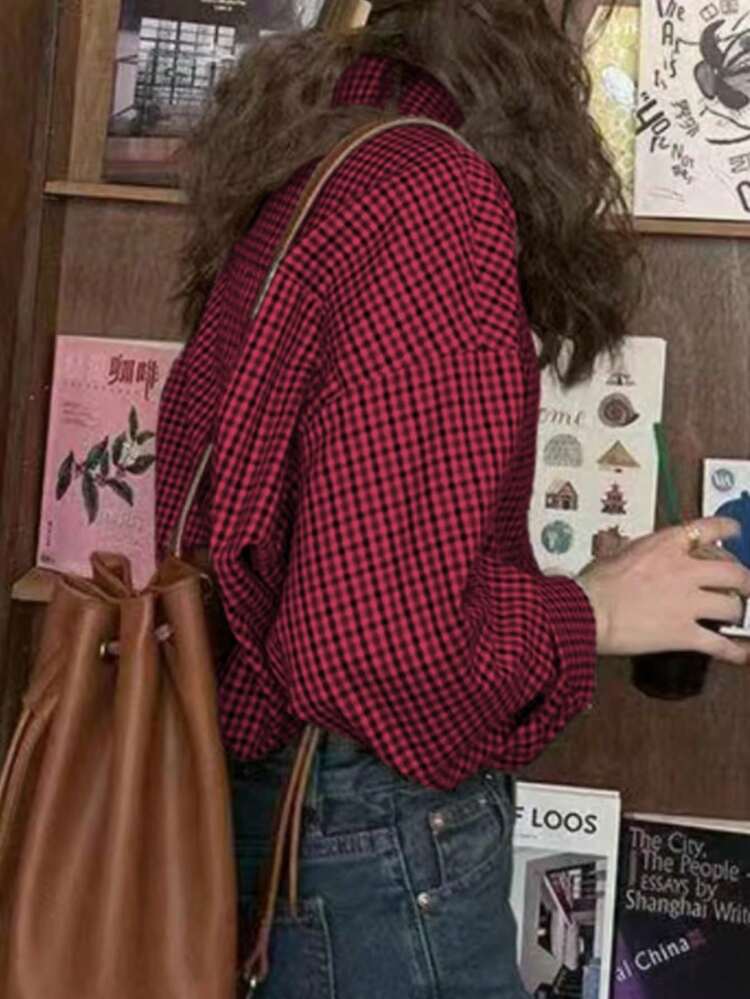 Camisa a cuadros casual/de trabajo para mujer de talla grande, con cuello clásico, cierre de botones delantero y longitud regular - Rojo - Añade 4