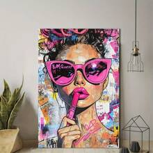 1 pieza Póster de lienzo enmarcado de arte pop elegante - Decoración de pared moderna y vibrante que presenta una chica genial con gafas rosas, diseño de estilo graffiti audaz en rosa, azul y rojo, perfecto para dormitorio, sala de estar, cocina, dormitorio o pasillo