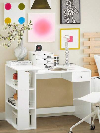 SoBuy FWT35-W, Home Office Table Desk, Computer Desk Computer Workstation With Storage Shelves, White
