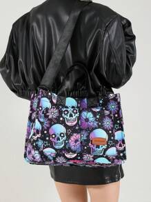 女士多功能骷髅单肩包钱包和手提包，大容量多口袋帆布单肩通勤包手提包，轻便休闲手提单肩斜挎包，学生学校笔记本电脑包简约运动背包，带多隔层和多口袋