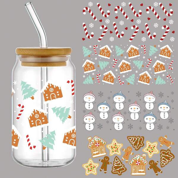Set Of 4 Christmas Theme UV DTF Self-Adhesive Plastic Cup Wraps, Waterproof & Scratch-Resistant 3D Crystal Transfer Paper For Tumblers & Bottles - High-Quality Decals (4.3"X9.4")