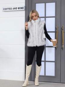 Women's Vest Faux Fur Casual With Zipper Stand-Up Collar