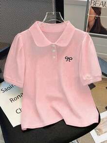 Tween Girl Butterfly Embroidery Polo Collar Back To School Short Sleeve T-Shirt, Saudi National Day