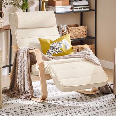 SoBuy FST16 New Rocking Chair With 5-Way Adjustable Footrest, Swing Chair, Relaxing Chair, Load Capacity 150kg, Birch Wood Rocking Chair  Relax Lounge Chair With Cushion Recliner With Headrest And Adjustable Footrest Living Room Furniture White Morden Style Minimal Style Nordic Style Fabric