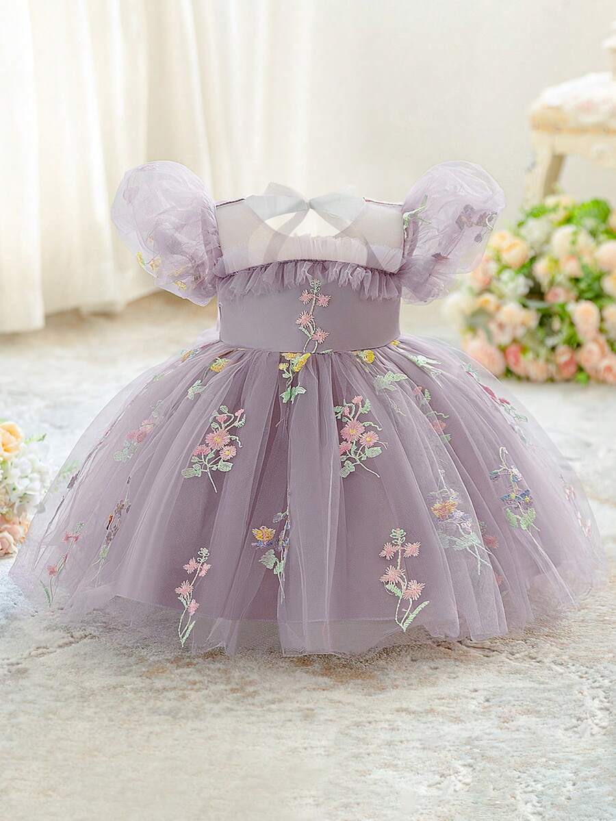 Baby Girls Puff Sleeve Embroidered Tulle Cute Birthday Party Dress, Suitable For Flower Girl, Wedding, Fabric And Floral Pattern May Vary, Headband Not Included - Dusty Purple - View 1