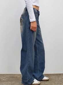 Blugi de damă Y2K toamna, casual, de zi cu zi, spălați, cu mustăți de pisică, cu buzunare în spate, leopard, cu stele, patchwork, cu picior drept