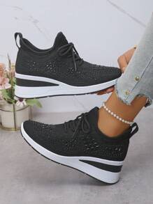 Fall/Winter Women's New Sports Style Lace-Up Rhinestone Outdoor Wedge Thick Bottom Casual Sneakers, Breathable Comfortable Running Shoes, Outdoor Travel Shoes, Suitable For All Seasons - Black - View 6