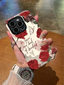 WeiMi 1pc Vintage Handpainted Rose Newspaper Pattern Shockproof Anti-Slip Soft & Durable TPU+PC Glossy Protective Phone Case Compatible With Apple Phones - Multicolor - View 2
