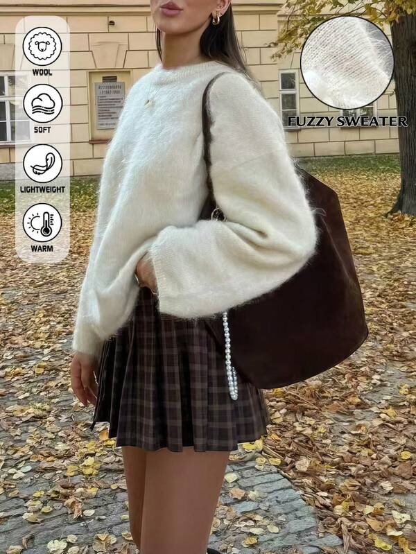 Pull en laine moelleuse à col rond, style ample et décontracté, manches longues, couleur unie, style automne/hiver pour femmes. Hauts en tricot ample blanc. Pull en laine à manches longues, style navette. Nouvelle arrivée automne/hiver. Retour à l'école. Convient pour la tenue quotidienne, les déplacements et les achats. Style élégant et chic. Invité de mariage. Costume d'Halloween. Fête de Noël.