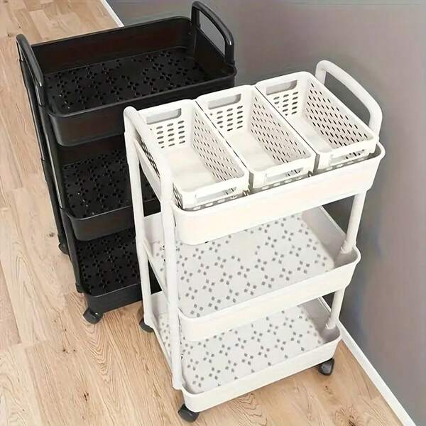 Um Carrinho de Armazenamento Plástico Durável de Três Níveis com Rodas - Fácil de Mover, Caixa de Armazenamento Preta e Branca para Cozinha, Banheiro e Quarto - Design Compacto, com Alça, Uso Multifuncional
