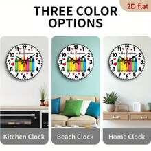 2D Flat, Retro Crayon Theme Classroom Wall Clock - 10inch Wooden Quartz Movement, Non-Luminous, Round Shape, Perfect For Halloween And Christmas Home Decor, Classroom Decoration |   Optimistic Design |   Wooden Clock, Classroom Decoration, 2D Flat - 彩色 - 查看 3