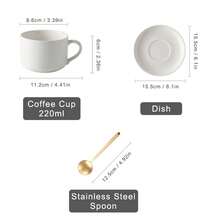 1/2 Set Ceașcă de cafea albă pură de 7oz cu farfurie și lingură, Design minimalist, Ceașcă de cafea ceramică elegantă europeană, Ceașcă de cappuccino, Ceașcă de porțelan negru, Potrivită pentru ceai, espresso, latte și mocha
