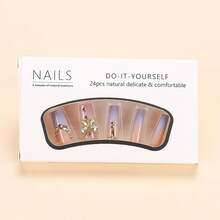 Long Press French Tip False Nails With 3D Gold Butterfly Rhinestones Designs, Glossy Glue On Nails Artificial Summer Stick On Nails For Women, 24Pcs - 長款-C5C1 - 查看 4