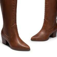 Women's Western Boots Pull On Zipper Chunky Heel Pointed Toe Outdoor Cowgirl Cowboy Knee High Boots - 棕色 - 查看 5