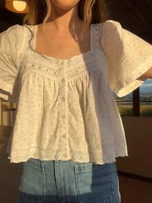 Women Y2k Lace Trim Shirt Babydoll Short Sleeve Ruffle Hem Flowy T Shirts Summer Boho Tops  Going Out Tops Streetwear - 淺粉色 - 查看 8