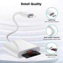 1pc SD Card Reader Adapter Compatible With IPhone/Compatible With /Camera, Dual Slot SD TF Storage Card Reader, Tracking Camera Viewer, Portable Micro SD Card Reader Plug And Play Compatible With IPhone 14/13/12/11/XS/XR/8/7/6/Compatible With Series - White - View 4