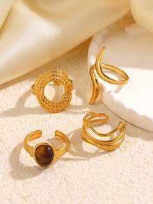 Livesso 4pcs Vintage Stainless Steel Gold Plated Luxury Geometric Asymmetrical Line Oval Rings Set, Suitable For Women Daily, Party, Date, Elegant Rings Set - Multicolor - View 2