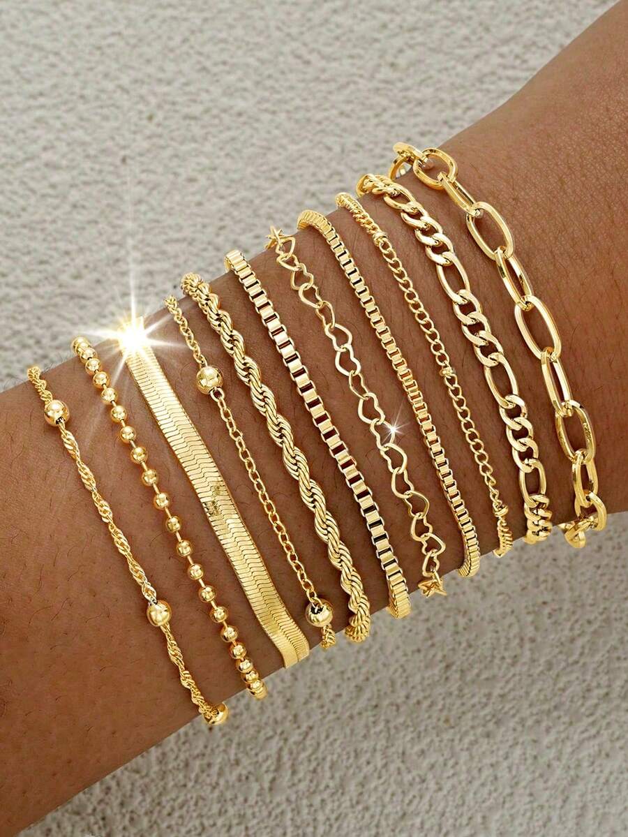 11pcs/5pcs Fashionable Minimalist Heart Beads & Snake Chain Bracelet Set For Women, Suitable For Daily Wear, Gatherings, Parties, Festivals, Gifts