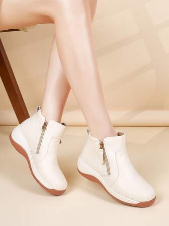 女士秋冬时尚短靴，百搭，轻便，高帮，侧拉链，防滑，舒适休闲靴