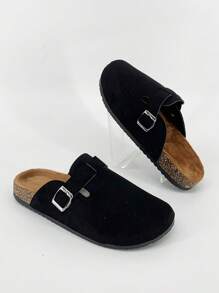 Sandalias de diapositivas de verano 2025, parte superior de cuero con diseño de hebilla, suela gruesa de corcho suave, elevada, de unicolor, simple, adecuada para exteriores, viajes, estilo casual de calle, a juego de pareja, pantuflas tipo mula sin cordones, cuero de alta calidad, cómoda, para uso interior y exterior