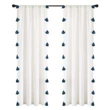 Lush Decor Boho Faux Linen Texture Tassel Rod Pocket Window Curtain Panel Single White/Turquoise 52X84 Halloween-Fall Decor-Room Decor - White/Turquoise - View 7
